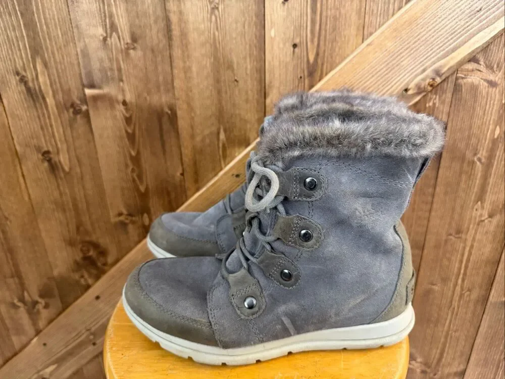 Sorel Women’s Size 8.5 Gray Suede Faux Fur Lace Up Winter Ankle Boots